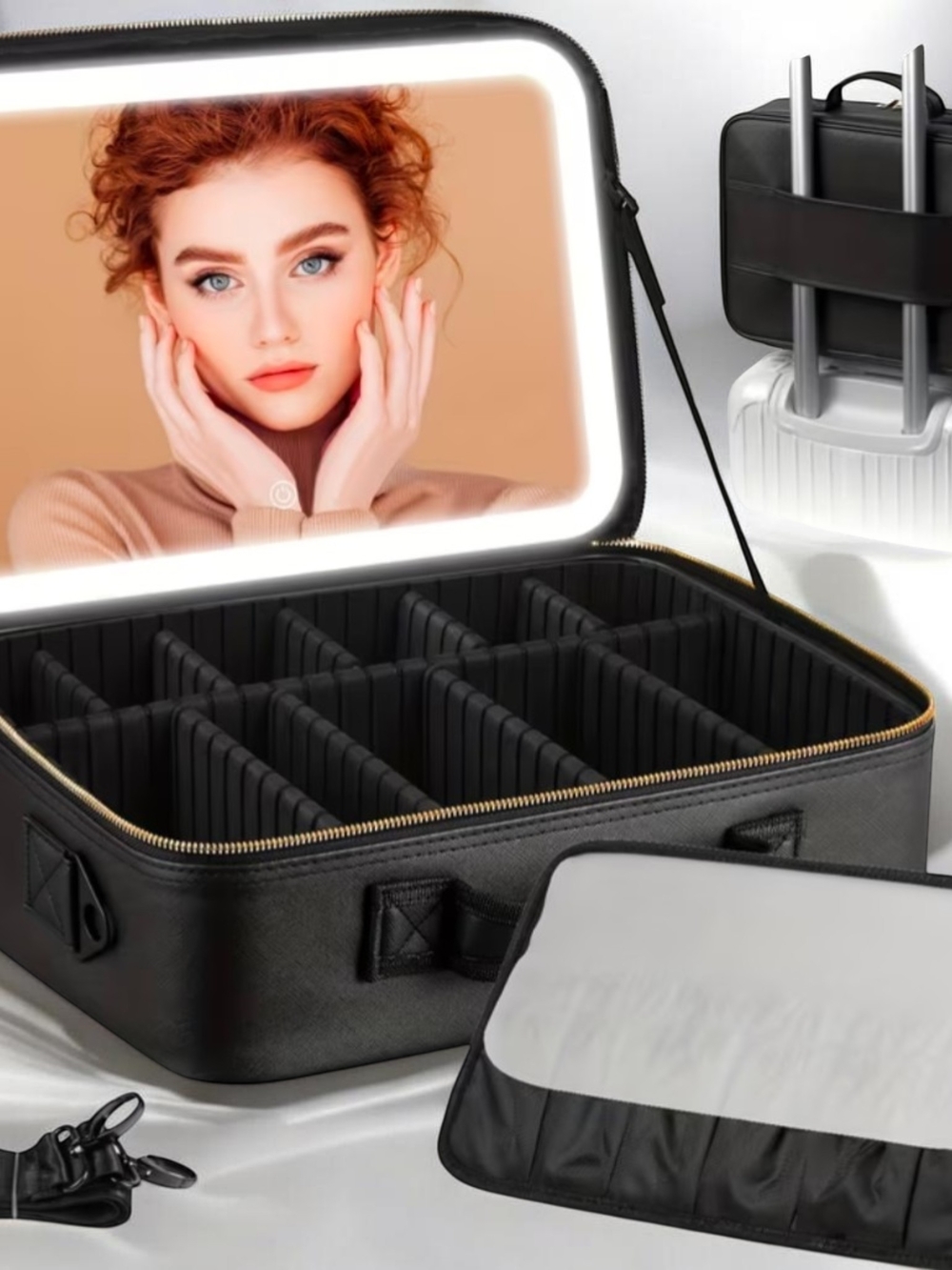 Women's Black Large Size Travel Makeup Bag with LED Mirror